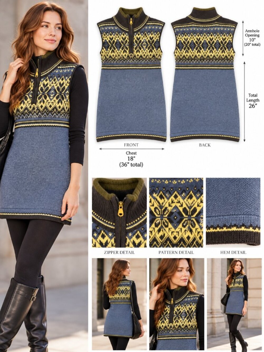 Arctic Circle Norway 100% Pure Wool Nordic Fair Isle Quarter Zip Tunic- Size L